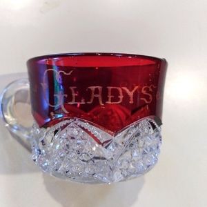 1902 Gladys Glass Tea Cup. Handprints Red & Clear